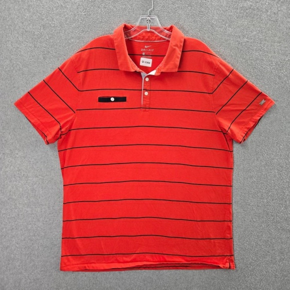 Nike Men Polo Shirt XL Orange Striped Dri Fit‎ Golf Short Sleeve Collar Pullover